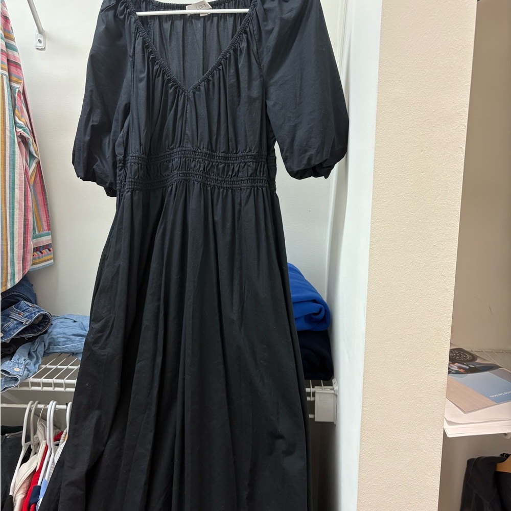 LOFT Black Puff Sleeve Maxi Dress - Elegant V-Neck